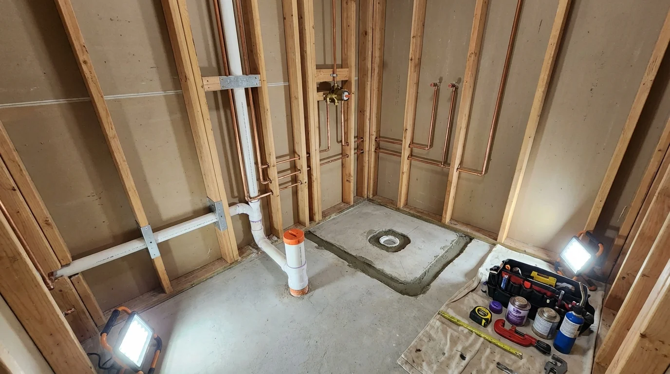 Bathroom rough-in plumbing during remodel by Johns Plumbing LLC in Tawas City