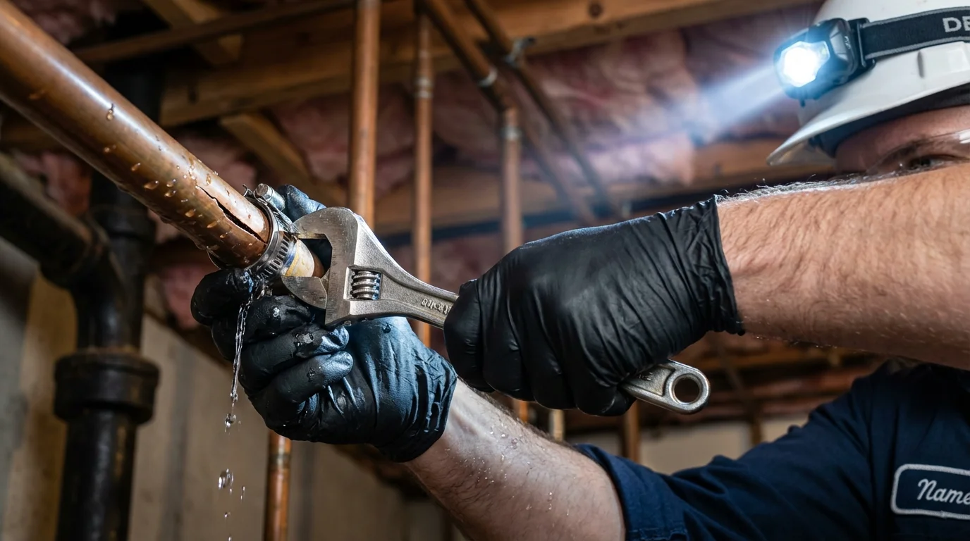 Emergency pipe clamp repair being performed by a Johns Plumbing LLC plumber in Tawas City