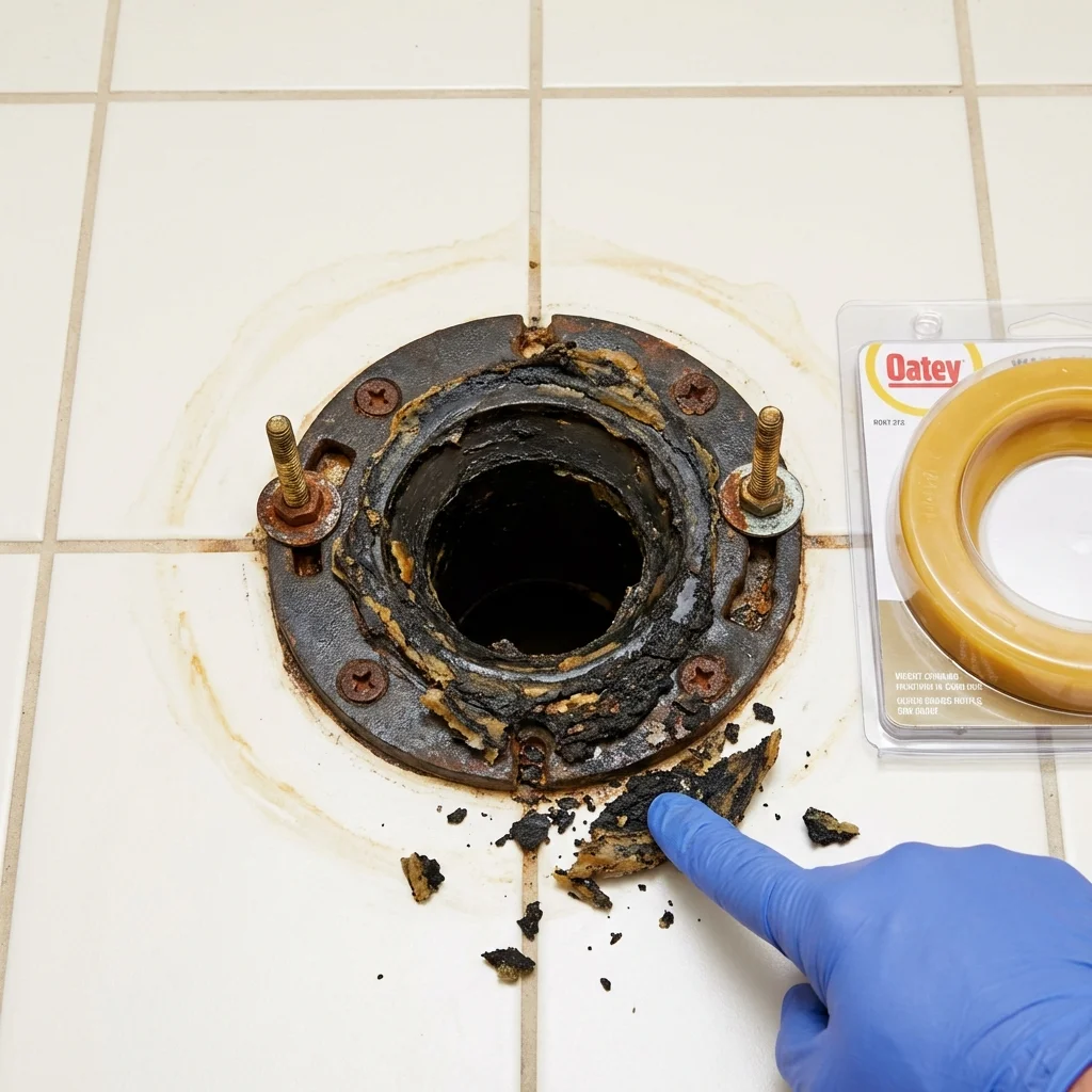 Failed wax ring showing water seepage at the base of a toilet in a Tawas City, MI home