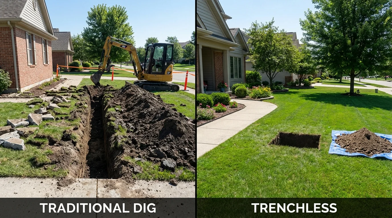 Trenchless sewer repair with minimal yard damage versus traditional excavation in Tawas City, MI