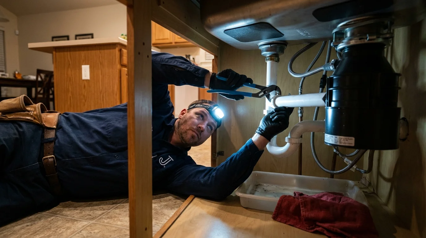P-trap and supply line connections under a kitchen sink showing a common leak point in Tawas City, MI